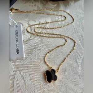 Rachel Zoe 925 Silver Gold Plated Reversible Onyx & Gold Clover Necklace